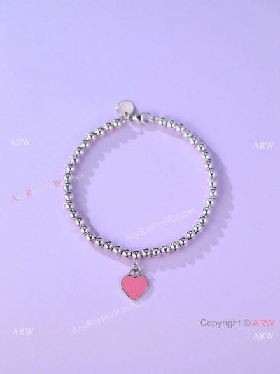 New! T I F F I NY & C o Pink Heart Tag Bead Bracelet S925 Silver